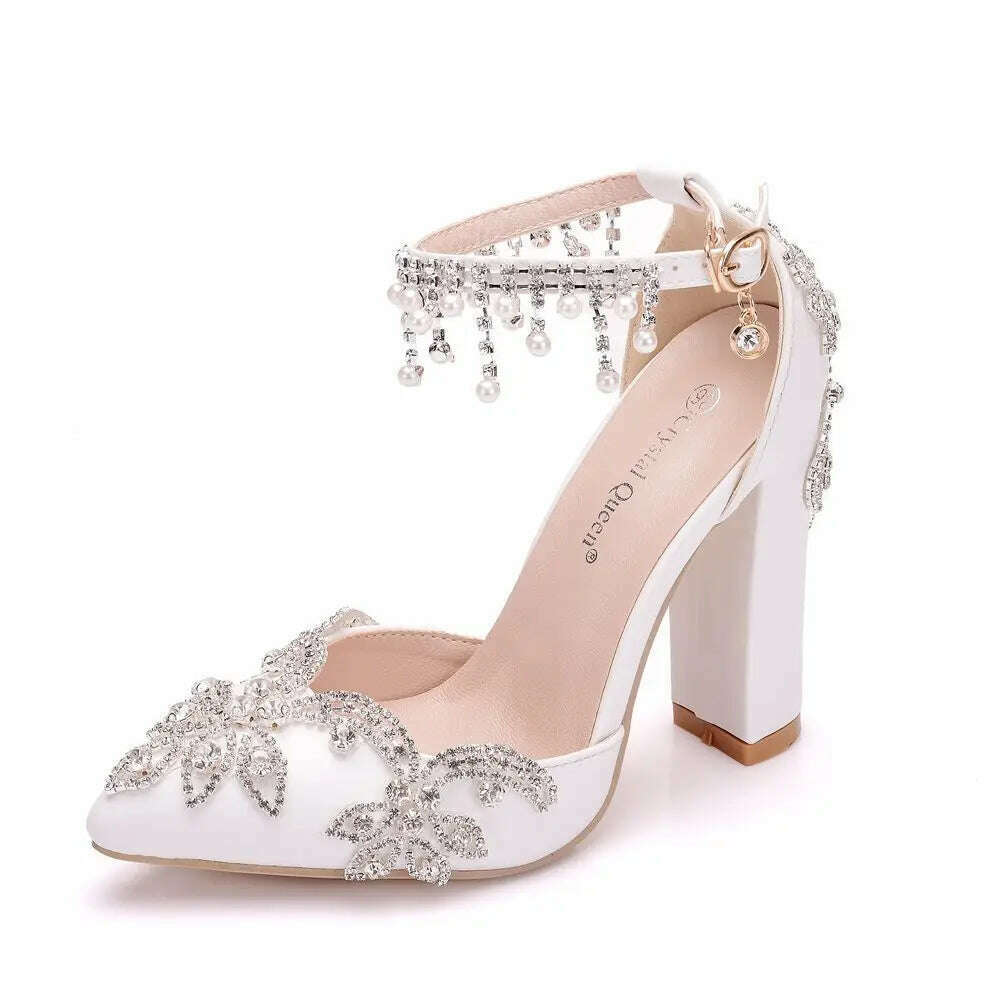 KIMLUD, Maogu Woman Wedding High Heels Elegant Medium Heel Women's Shoes 2023 Pearl Rhinestone Ladies White Pumps Crystal Buckle Strap, KIMLUD Womens Clothes