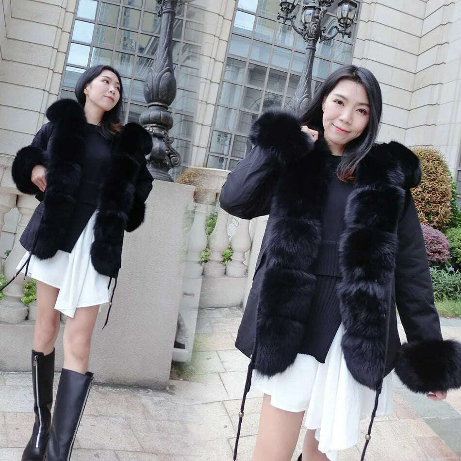 KIMLUD, MAOMAOKONG Winter Luxury Jacket Women Real Fox Fur Coat Big Natural Raccoon Fur Collar Hood Thick Warm Short Parkas Streetwear, KIMLUD Womens Clothes