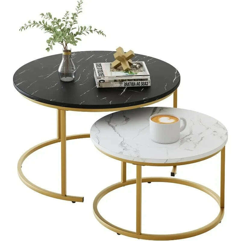 Marble Nesting Golden Coffee Table 31.5In Large Set of 2, Steel Frame Circular and Round Wooden Tables 31in - KIMLUD