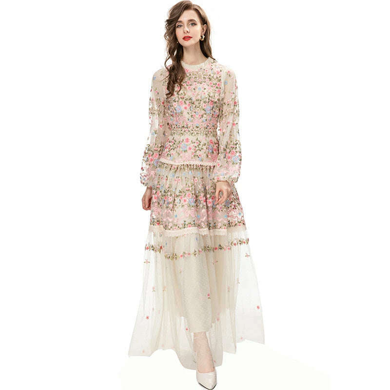 MARYYIMEI New 2023 Vintage Fashion Designer Dress Women's Mesh Embroidered Translucent Lantern Sleeve Slim White Long Dress - KIMLUD