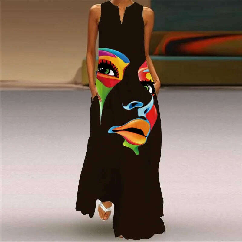 KIMLUD, Mask printing Dress Sexy Sleeveless Dress  V-Neck  Casual  Clothing Women, VLCQ-141 / S, KIMLUD APPAREL - Womens Clothes