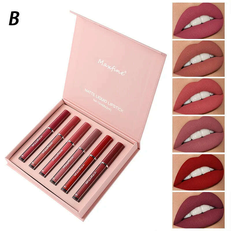 KIMLUD, Matte Lip Gloss Set 6 Color Lipstick Smooth And Lasting Display Lip Gloss Waterproof Moisturizing Lipstick Holiday Gift Box Set, B, KIMLUD APPAREL - Womens Clothes