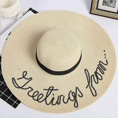 KIMLUD, MAXSITI U Sequin Letter Caps Sun Protection Straw Hats For Women Summer  Holiday  Large Sun Hat Oversized Beach Hat  Visor Hat, beige, KIMLUD APPAREL - Womens Clothes