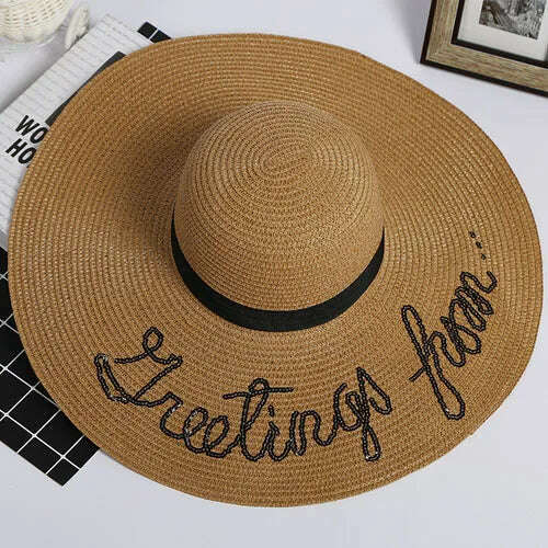 KIMLUD, MAXSITI U Sequin Letter Caps Sun Protection Straw Hats For Women Summer  Holiday  Large Sun Hat Oversized Beach Hat  Visor Hat, Khaki, KIMLUD APPAREL - Womens Clothes