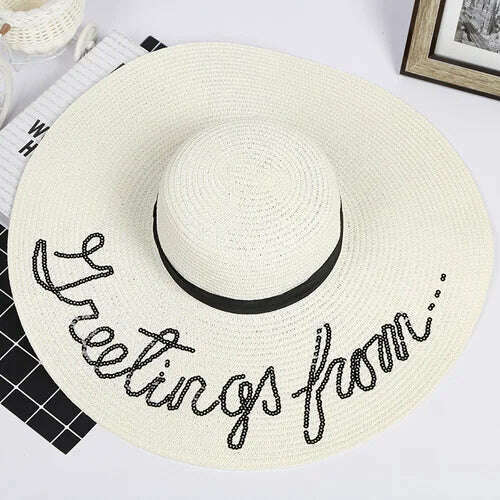 KIMLUD, MAXSITI U Sequin Letter Caps Sun Protection Straw Hats For Women Summer  Holiday  Large Sun Hat Oversized Beach Hat  Visor Hat, Ivory, KIMLUD APPAREL - Womens Clothes