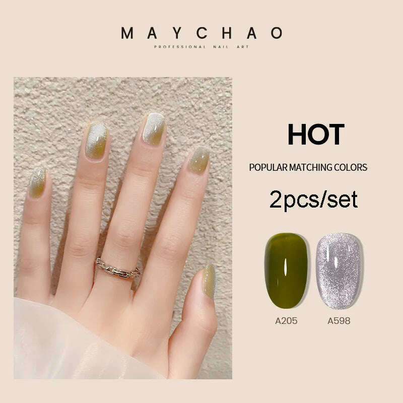 KIMLUD, MAYCHAO 7ml Cat Eye Gel Nail Polish Shiny Magnetic Gel Semi Permanent Soak Off UV Gel Glitter Manicure For Nail Art Gel Varnish, 2pcsA205 A800, KIMLUD APPAREL - Womens Clothes