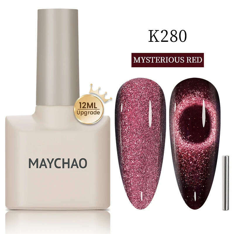 KIMLUD, MAYCHAO 7ml Cat Eye Gel Nail Polish Shiny Magnetic Gel Semi Permanent Soak Off UV Gel Glitter Manicure For Nail Art Gel Varnish, K280Mysterious red, KIMLUD APPAREL - Womens Clothes