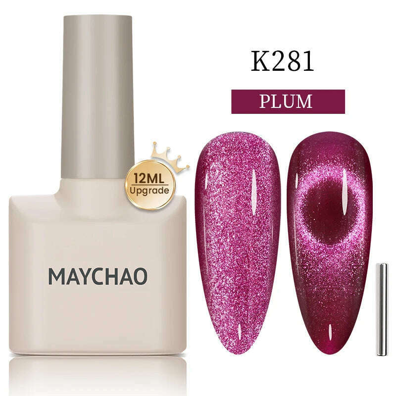 KIMLUD, MAYCHAO 7ml Cat Eye Gel Nail Polish Shiny Magnetic Gel Semi Permanent Soak Off UV Gel Glitter Manicure For Nail Art Gel Varnish, K281Plum, KIMLUD APPAREL - Womens Clothes