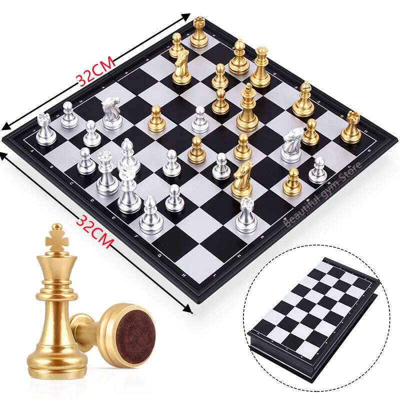 KIMLUD, Medieval Chess Set With High Quality Chessboard 32 Gold Silver Chess Pieces Magnetic Board Game Chess Figure Sets Szachy Checker, BH90-Gold-32x32cm, KIMLUD APPAREL - Womens Clothes