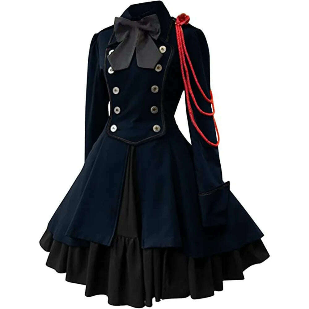 Medieval Cosplay Costumes Retro Gothic Lace Up Chain Bow Lolita Maid Dress Long Sleeves Ruffle Classic Slim Knee Sweet Dress - KIMLUD