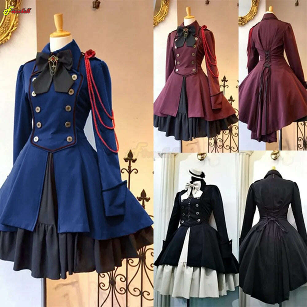 Medieval Cosplay Costumes Retro Gothic Lace Up Chain Bow Lolita Maid Dress Long Sleeves Ruffle Classic Slim Knee Sweet Dress - KIMLUD