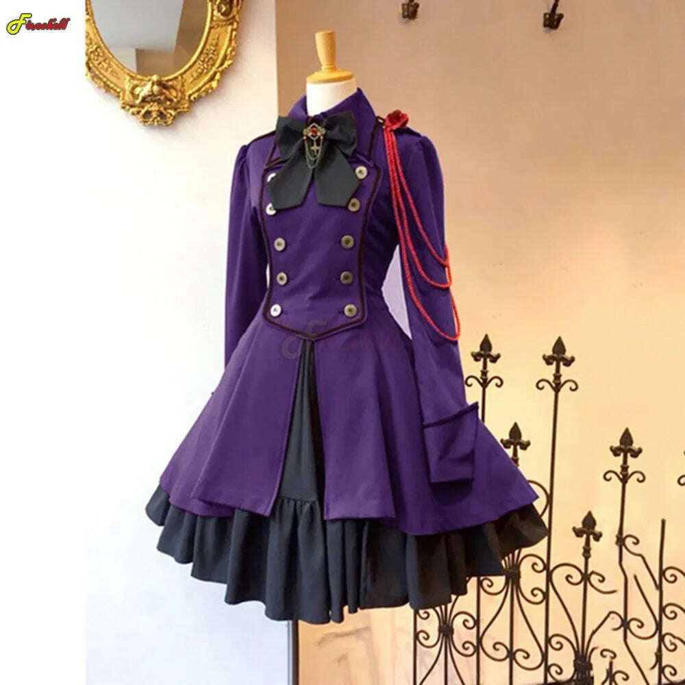 Medieval Cosplay Costumes Retro Gothic Lace Up Chain Bow Lolita Maid Dress Long Sleeves Ruffle Classic Slim Knee Sweet Dress - KIMLUD