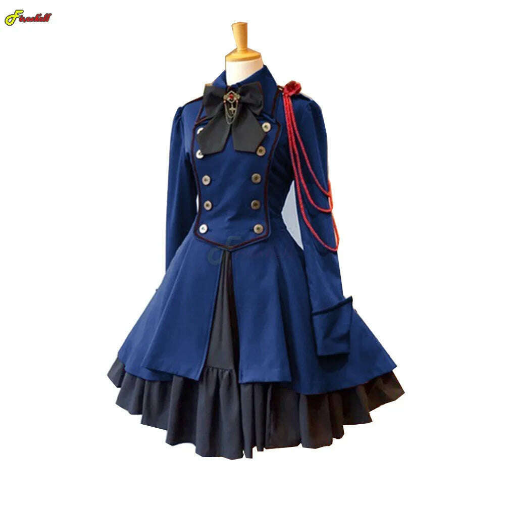 Medieval Cosplay Costumes Retro Gothic Lace Up Chain Bow Lolita Maid Dress Long Sleeves Ruffle Classic Slim Knee Sweet Dress - KIMLUD