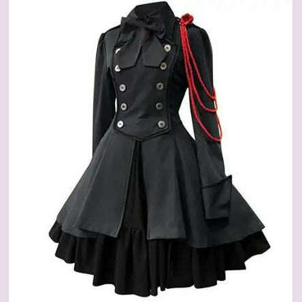 Medieval Cosplay Costumes Retro Gothic Lace Up Chain Bow Lolita Maid Dress Long Sleeves Ruffle Classic Slim Knee Sweet Dress - KIMLUD