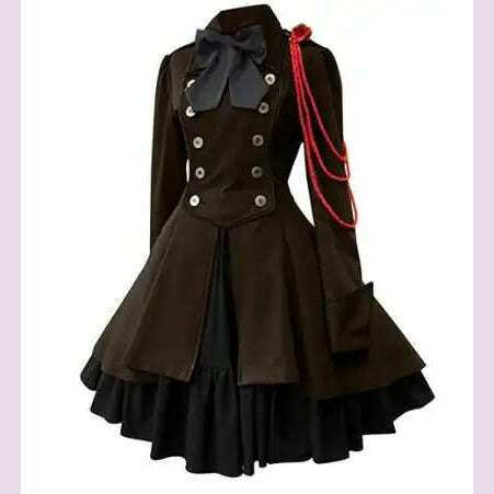 Medieval Cosplay Costumes Retro Gothic Lace Up Chain Bow Lolita Maid Dress Long Sleeves Ruffle Classic Slim Knee Sweet Dress - KIMLUD