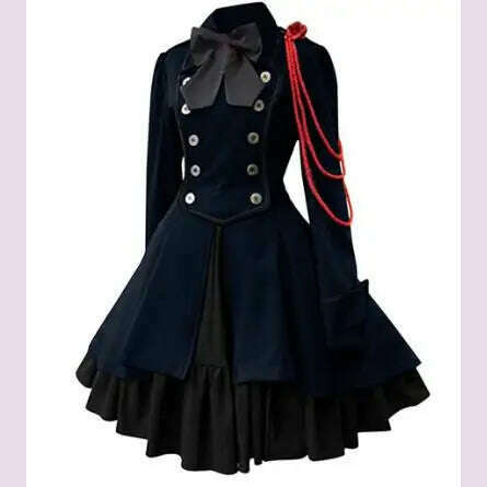 Medieval Cosplay Costumes Retro Gothic Lace Up Chain Bow Lolita Maid Dress Long Sleeves Ruffle Classic Slim Knee Sweet Dress - KIMLUD