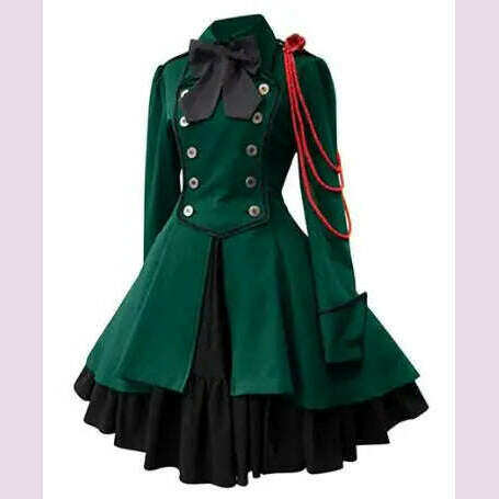 Medieval Cosplay Costumes Retro Gothic Lace Up Chain Bow Lolita Maid Dress Long Sleeves Ruffle Classic Slim Knee Sweet Dress - KIMLUD