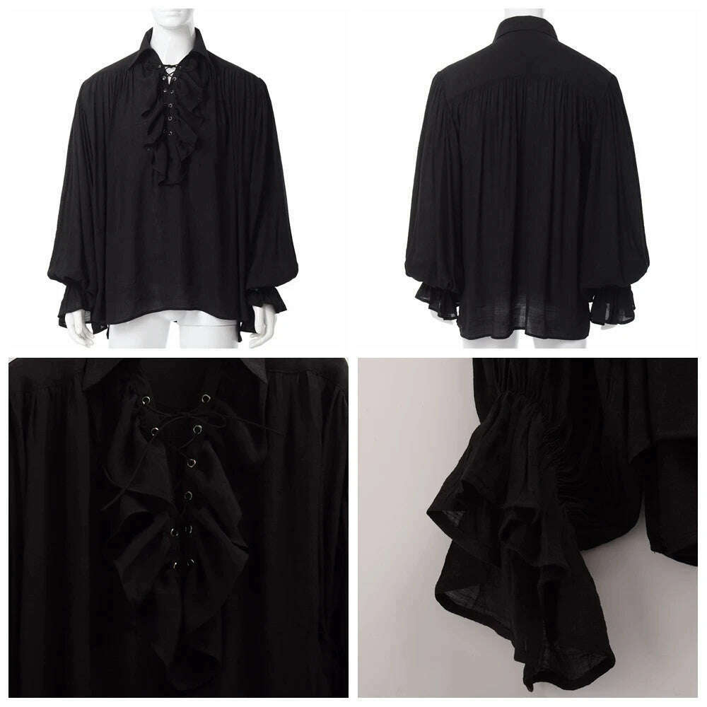 KIMLUD, Medieval Halloween Costumes Autumn Casual Shirts Steampunk Cosplay Bandage Long Sleeve Ruffled Shirt Gothic Blouse Tops, black shirt / XXL, KIMLUD APPAREL - Womens Clothes