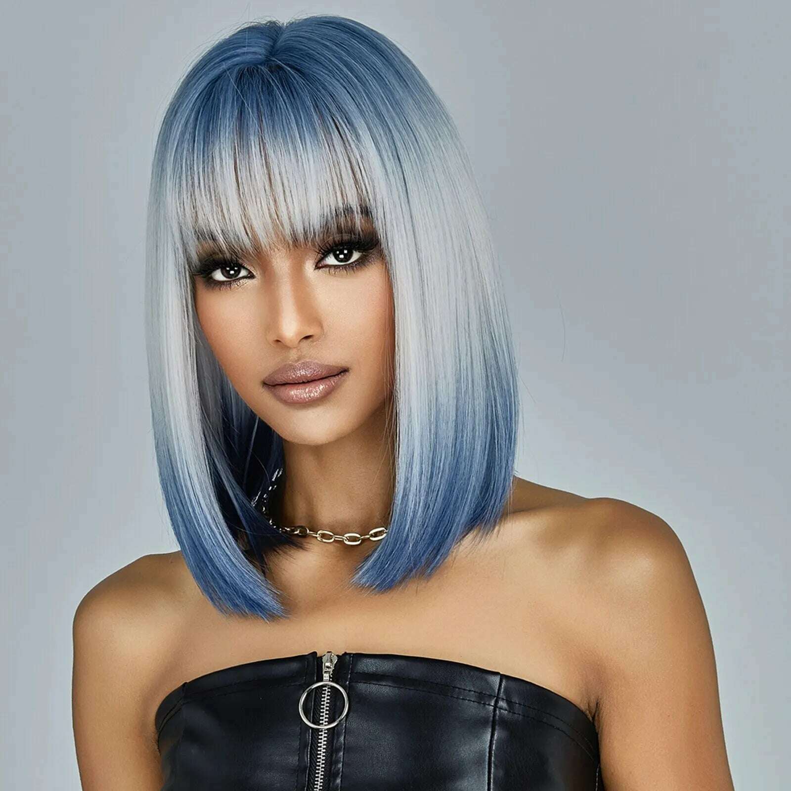 KIMLUD, Medium Length Blue White Ombre Straight Synthetic Hair With Bangs Short Bob Cosplay Wig for Women Daily Party Heat Resistant, KIMLUD Womens Clothes