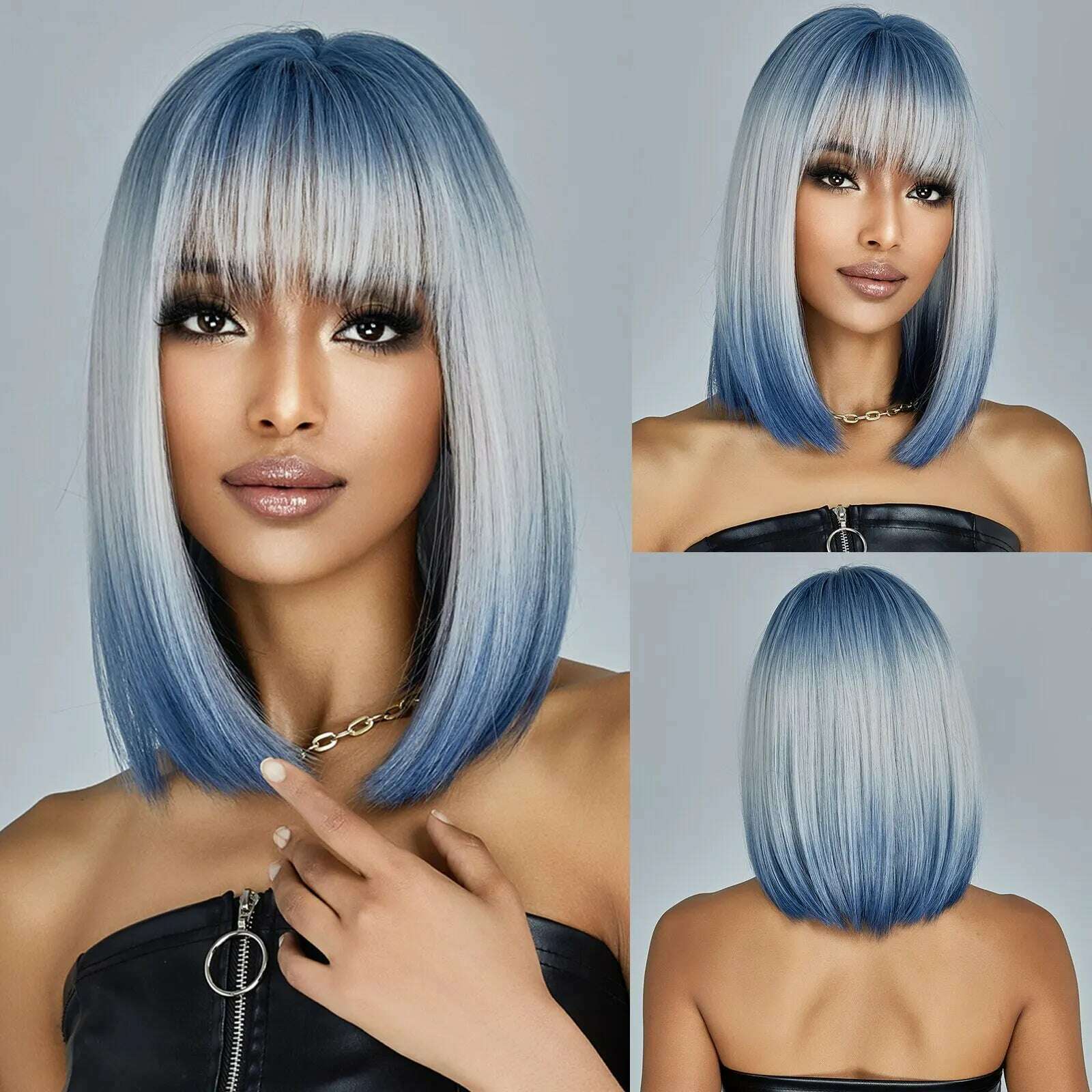 KIMLUD, Medium Length Blue White Ombre Straight Synthetic Hair With Bangs Short Bob Cosplay Wig for Women Daily Party Heat Resistant, WL1138-1, KIMLUD APPAREL - Womens Clothes