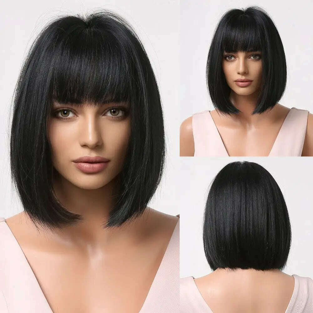 KIMLUD, Medium Length Blue White Ombre Straight Synthetic Hair With Bangs Short Bob Cosplay Wig for Women Daily Party Heat Resistant, LC2049-1, KIMLUD APPAREL - Womens Clothes