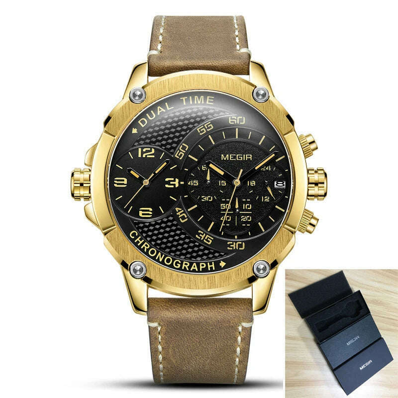 KIMLUD, MEGIR New Design Waterproof Sports Quartz Watch Fashion Luxury Army Military Watches Men Dual Time Zone Clock Relogio Masculino, Gold Black, KIMLUD APPAREL - Womens Clothes