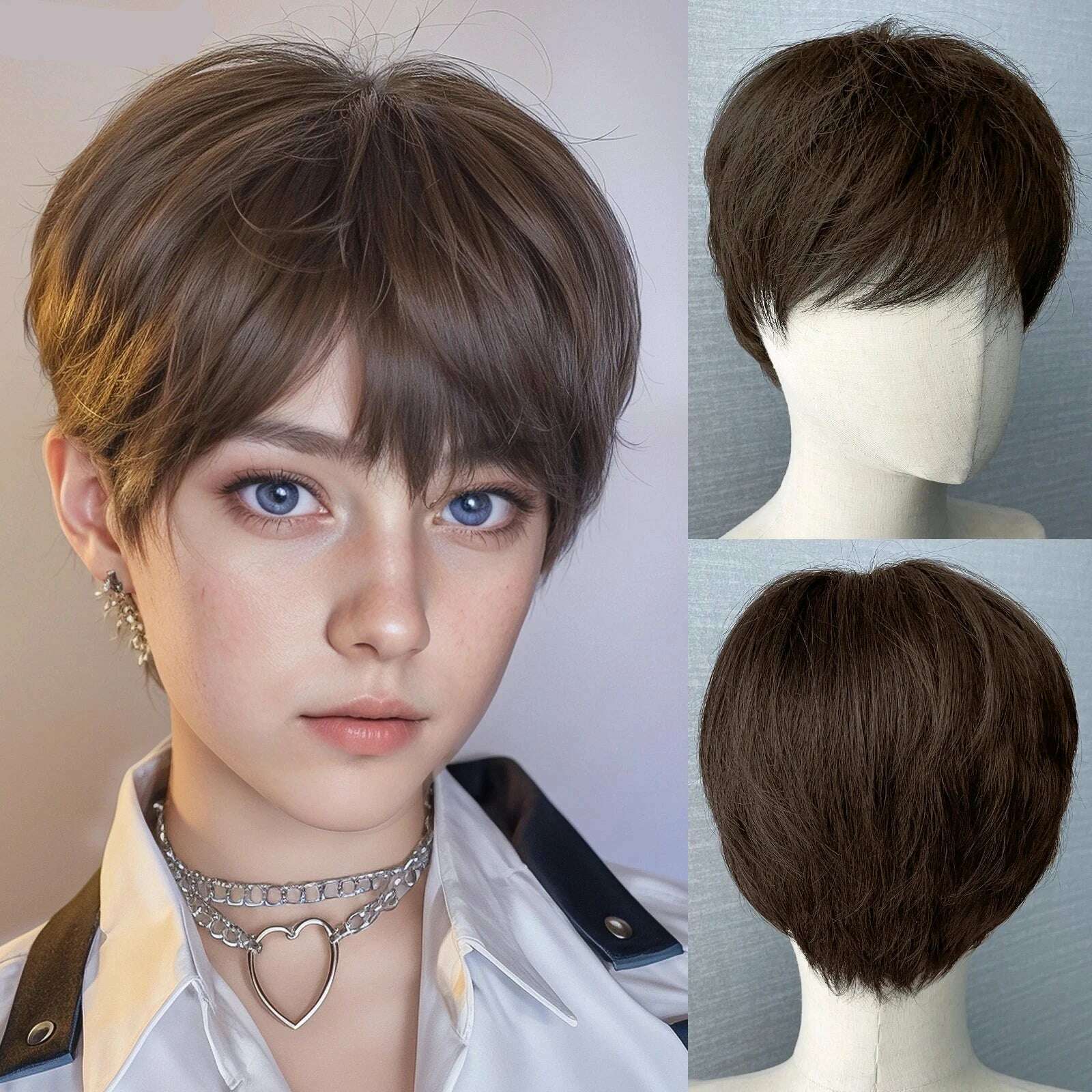 KIMLUD, MEISU 8 Inch ShortBrown Stairght Bangs Wig Mens Wig Fiber Synthetic Wig Heat-resistant Non-Glare Natural Cosplay Daily For Man, MGA-501-LZS / CHINA / 8inches, KIMLUD APPAREL - Womens Clothes