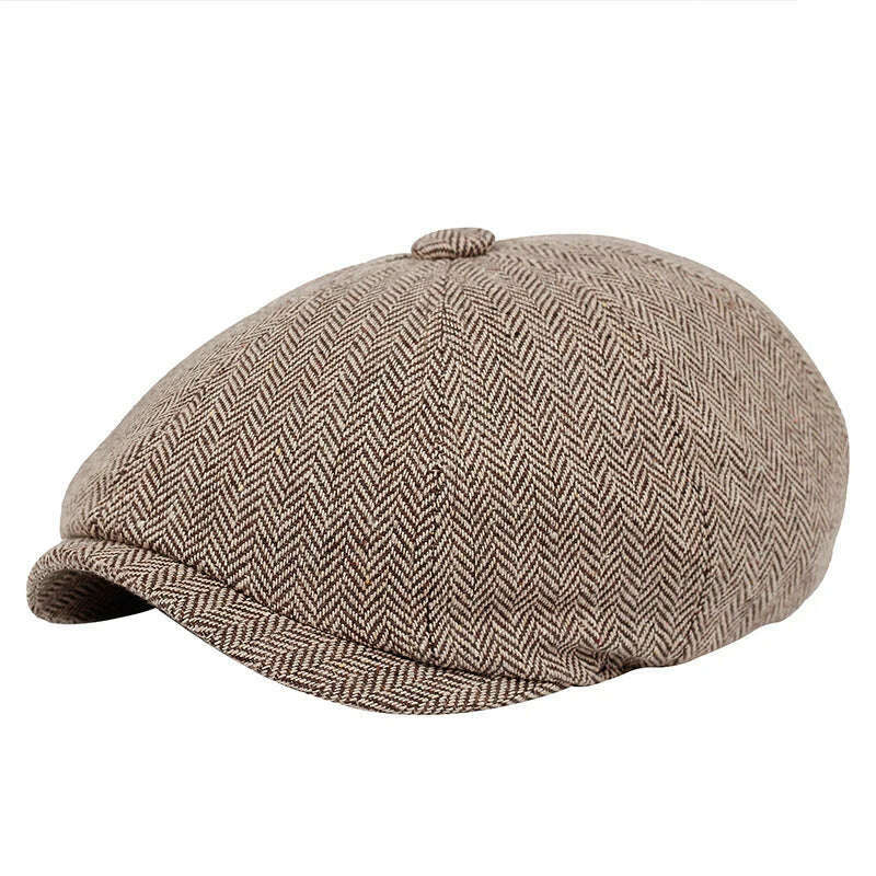 KIMLUD, Men beret vintage Herringbone Gatsby Tweed hat Newsboy Beret Hat spring Flat Peaked Beret Hats, Khaki, KIMLUD APPAREL - Womens Clothes