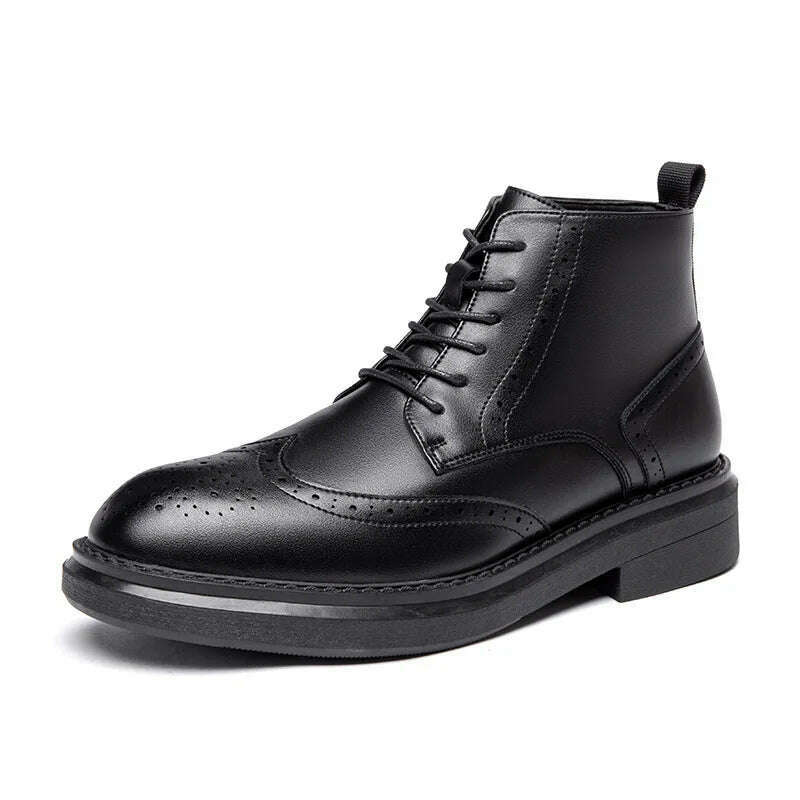 men casual business wedding genuine leather boots black brown carved brogue shoes cowboy autumn winter boot platform ankle botas - KIMLUD