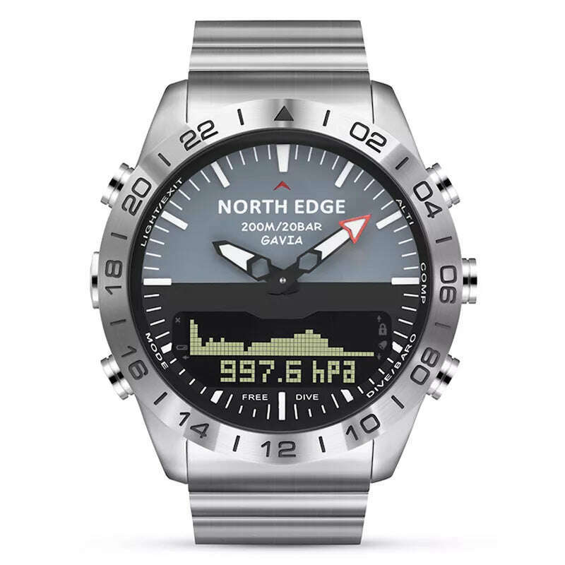 KIMLUD, Men Dive Sports Digital watch Mens Watches Military Army Luxury Full Steel Business Waterproof 200m Altimeter Compass NORTH EDGE, Silver, KIMLUD APPAREL - Womens Clothes