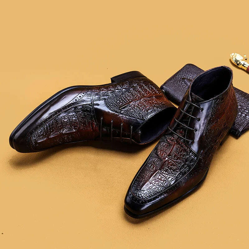 Men Genuine Cow Leather Crocodile Winter Texture Ankle Chelsea Boots Brogue Flat Lace Up Dress Shoes 2020 - KIMLUD