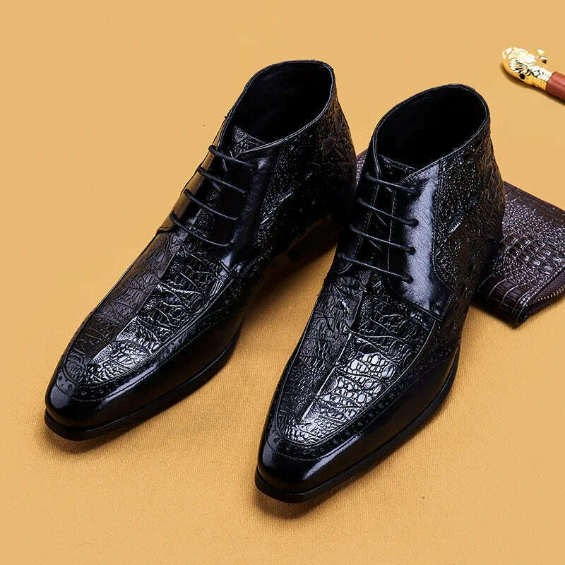 Men Genuine Cow Leather Crocodile Winter Texture Ankle Chelsea Boots Brogue Flat Lace Up Dress Shoes 2020 - KIMLUD