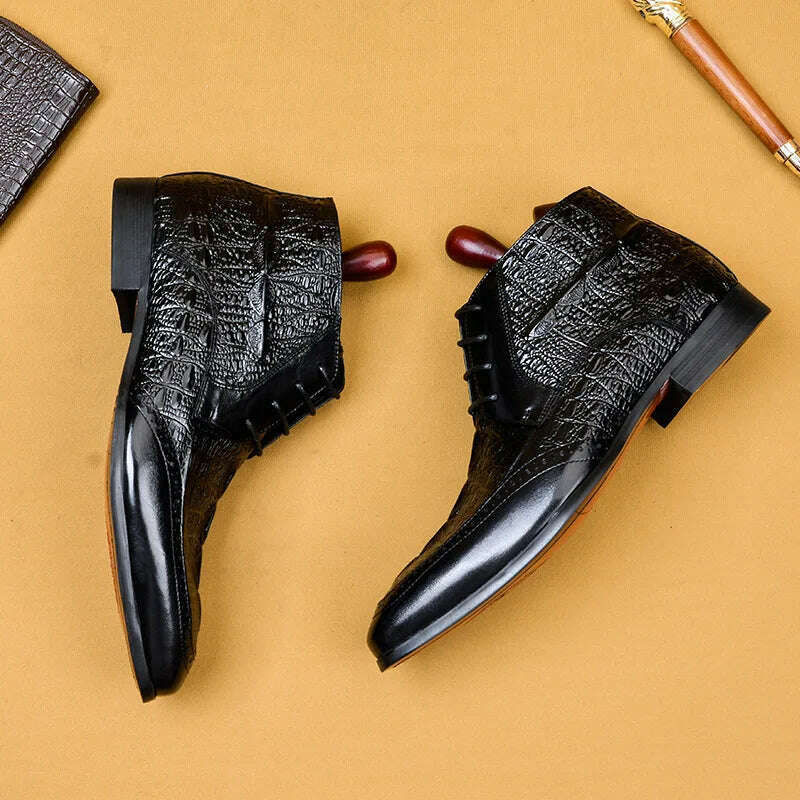 Men Genuine Cow Leather Crocodile Winter Texture Ankle Chelsea Boots Brogue Flat Lace Up Dress Shoes 2020 - KIMLUD