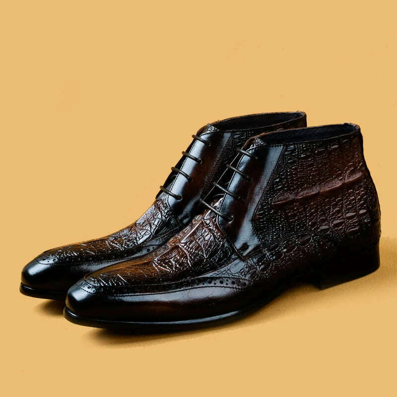 Men Genuine Cow Leather Crocodile Winter Texture Ankle Chelsea Boots Brogue Flat Lace Up Dress Shoes 2020 - KIMLUD