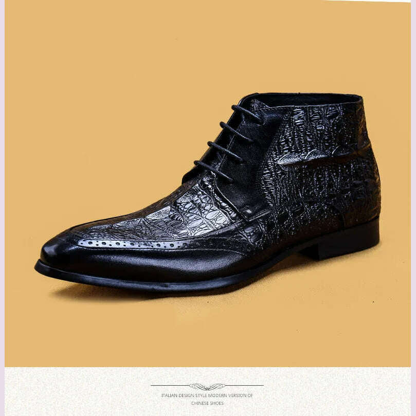 Men Genuine Cow Leather Crocodile Winter Texture Ankle Chelsea Boots Brogue Flat Lace Up Dress Shoes 2020 - KIMLUD