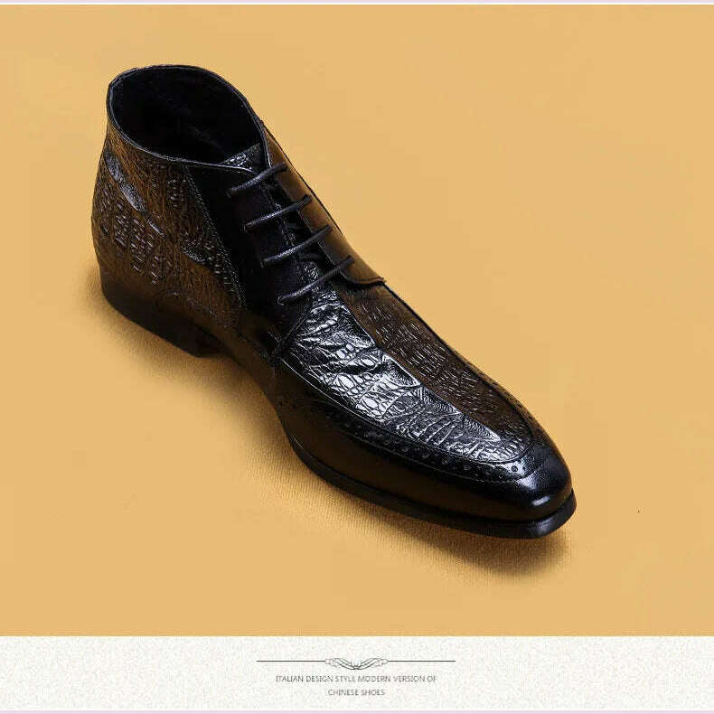 Men Genuine Cow Leather Crocodile Winter Texture Ankle Chelsea Boots Brogue Flat Lace Up Dress Shoes 2020 - KIMLUD