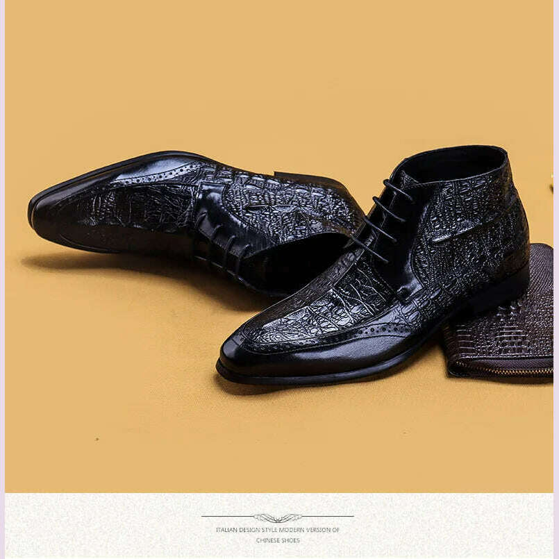 Men Genuine Cow Leather Crocodile Winter Texture Ankle Chelsea Boots Brogue Flat Lace Up Dress Shoes 2020 - KIMLUD