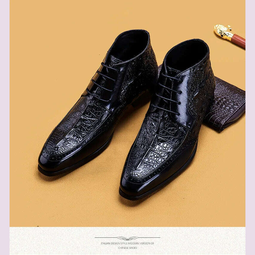 Men Genuine Cow Leather Crocodile Winter Texture Ankle Chelsea Boots Brogue Flat Lace Up Dress Shoes 2020 - KIMLUD