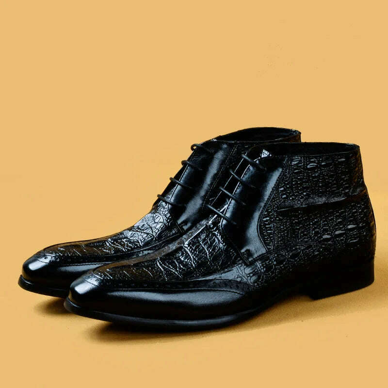 Men Genuine Cow Leather Crocodile Winter Texture Ankle Chelsea Boots Brogue Flat Lace Up Dress Shoes 2020 - KIMLUD