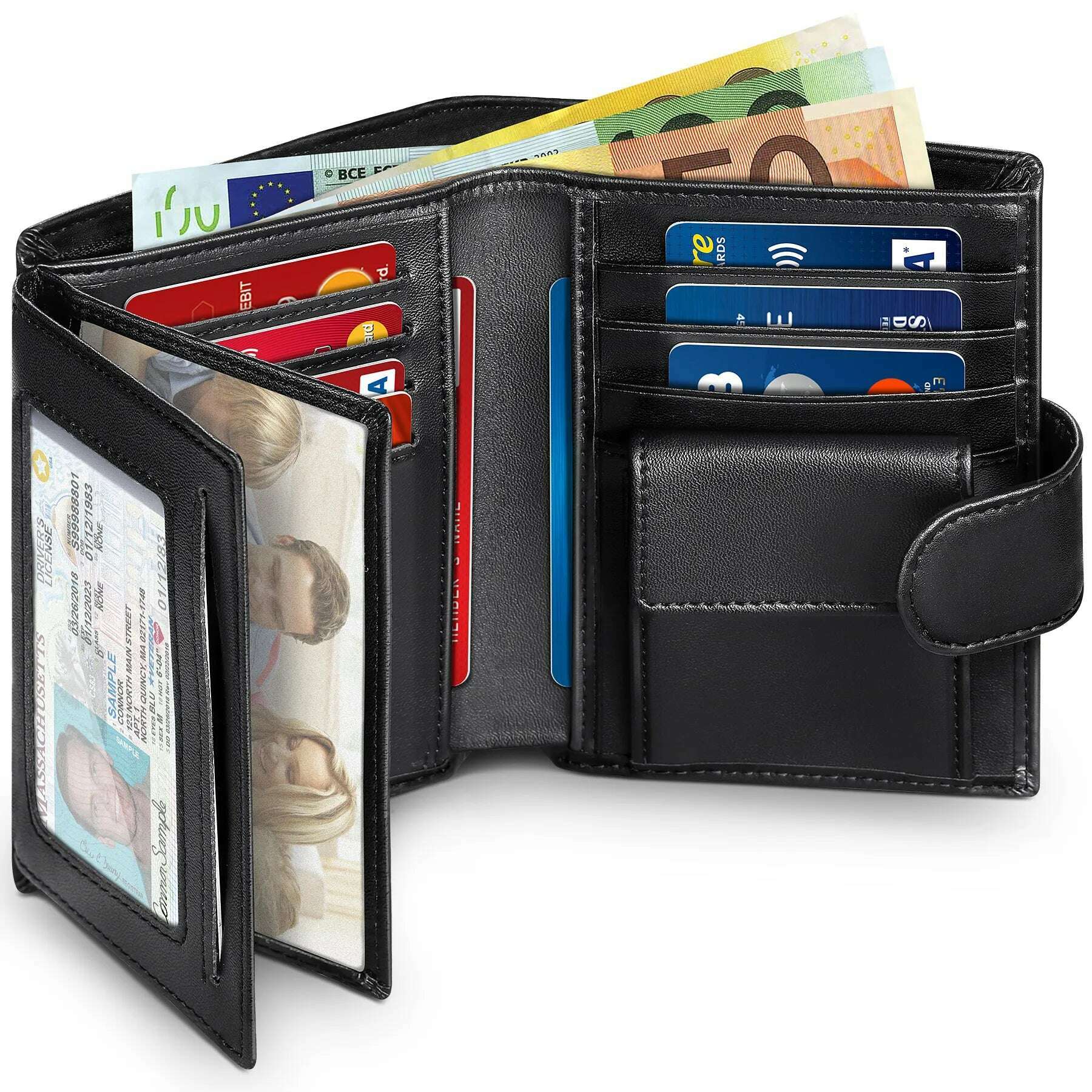 Men Genuine Leather Wallet Business Purse RFID Card Holder Transparent Windows Bank Note Coin Compartment Black - KIMLUD