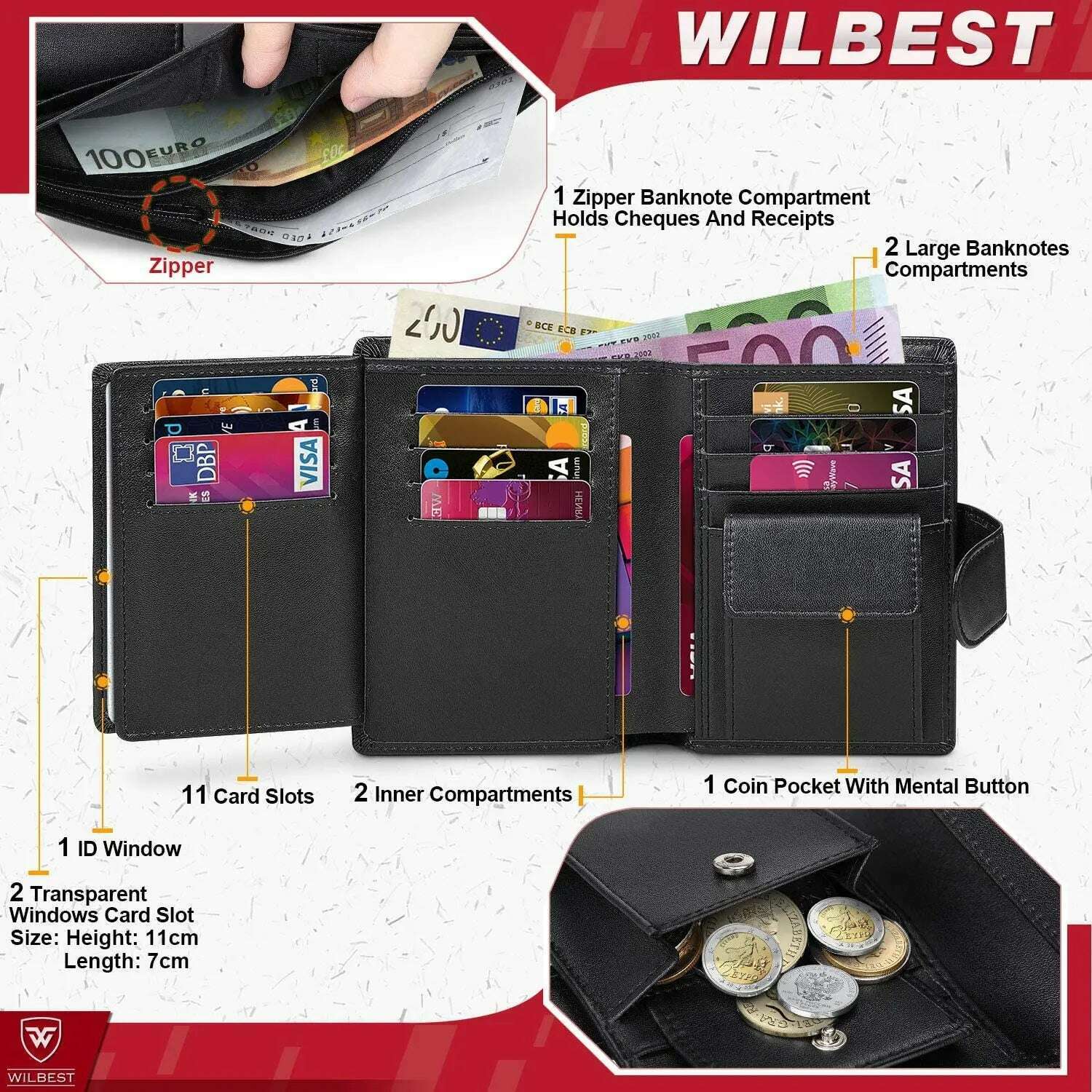 Men Genuine Leather Wallet Business Purse RFID Card Holder Transparent Windows Bank Note Coin Compartment Black - KIMLUD