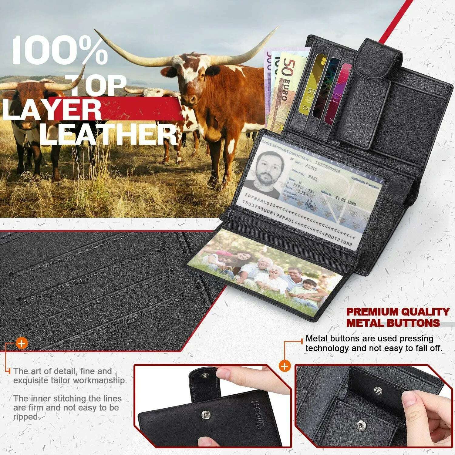 Men Genuine Leather Wallet Business Purse RFID Card Holder Transparent Windows Bank Note Coin Compartment Black - KIMLUD