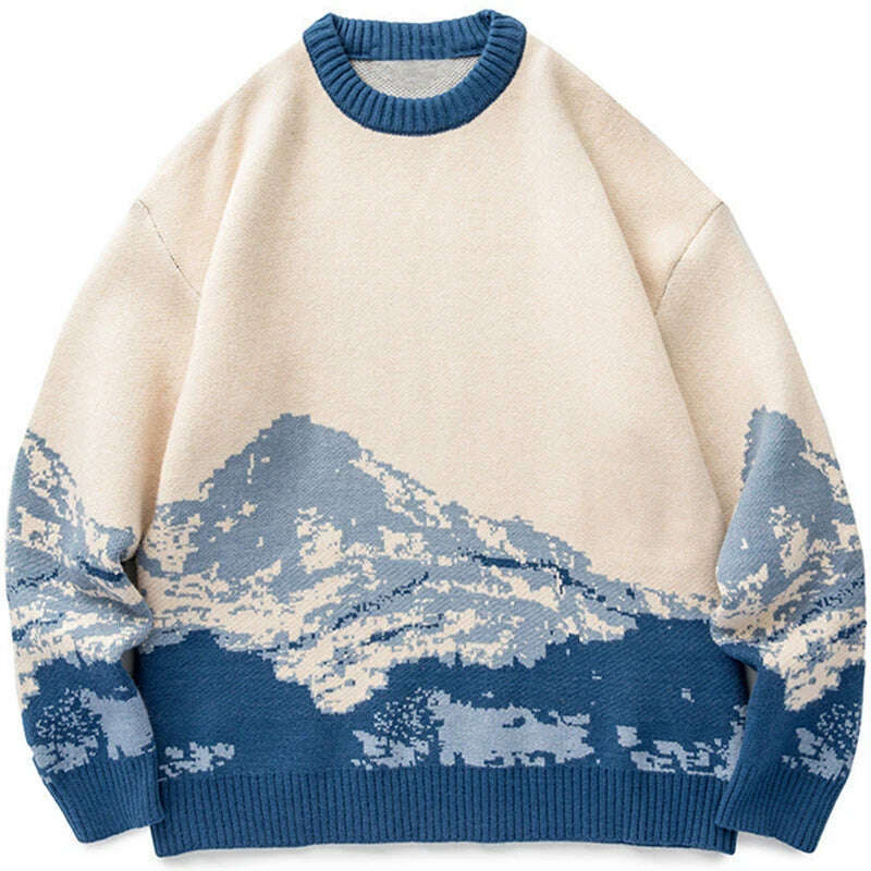 Men Hip Hop Streetwear Harajuku Sweater Vintage Japanese Style Snow Mountain Knitted Sweater Winter Casual Pullover Knitwear - KIMLUD