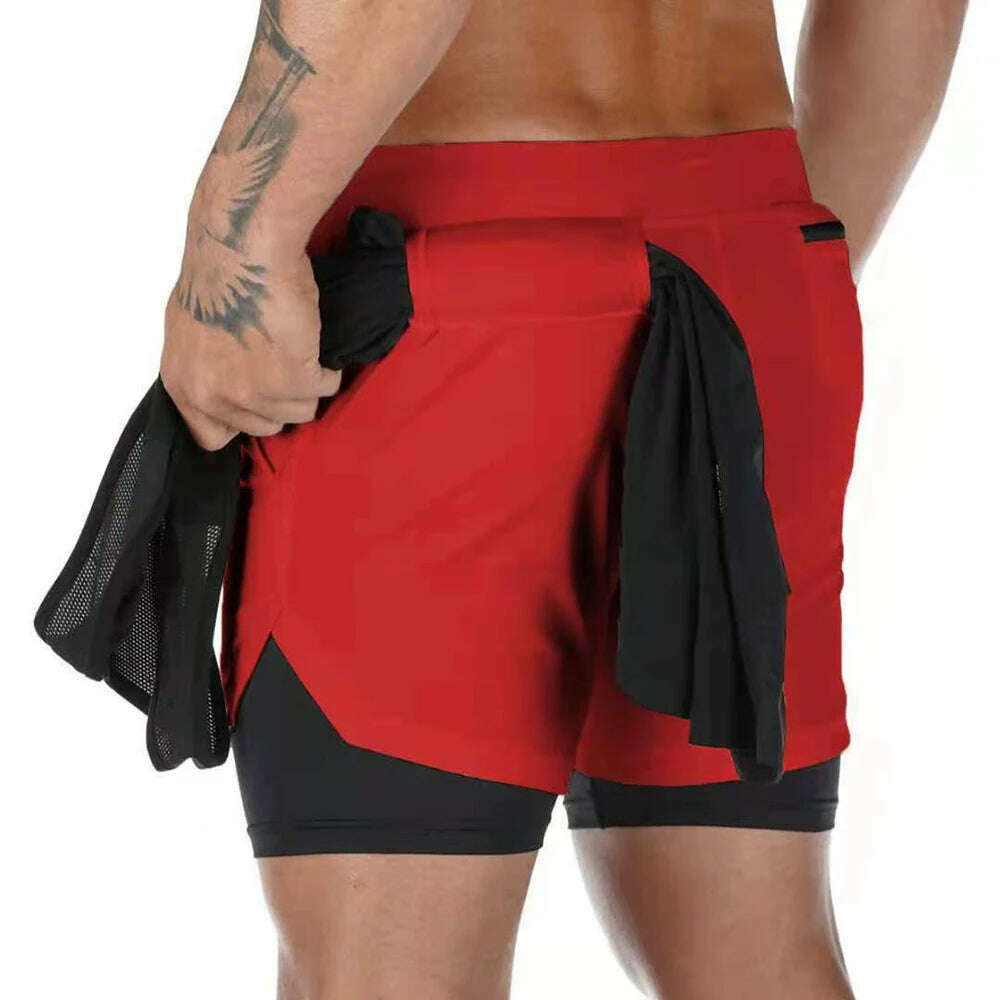 KIMLUD, Men Running Shorts 2 In 1 Double-deck Sport Shorts Sportswear Gym Fitness Short Pants Training Jogging Bottom Men's Clothing, Red / XL(70-80kg), KIMLUD APPAREL - Womens Clothes