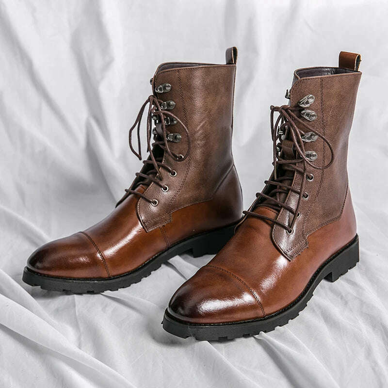 Men Short Boots Brown PU Round Head Low Heel Wing Tip Lace Up Fashion Versatile Casual Street Outdoor Daily Dress Shoes - KIMLUD