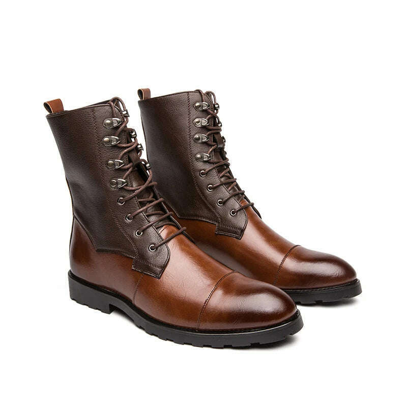 Men Short Boots Brown PU Round Head Low Heel Wing Tip Lace Up Fashion Versatile Casual Street Outdoor Daily Dress Shoes - KIMLUD