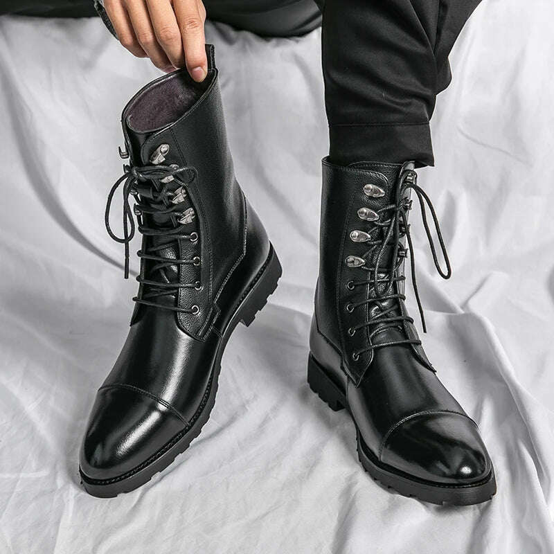 Men Short Boots Brown PU Round Head Low Heel Wing Tip Lace Up Fashion Versatile Casual Street Outdoor Daily Dress Shoes - KIMLUD