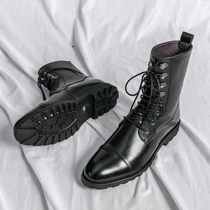 Men Short Boots Brown PU Round Head Low Heel Wing Tip Lace Up Fashion Versatile Casual Street Outdoor Daily Dress Shoes - KIMLUD