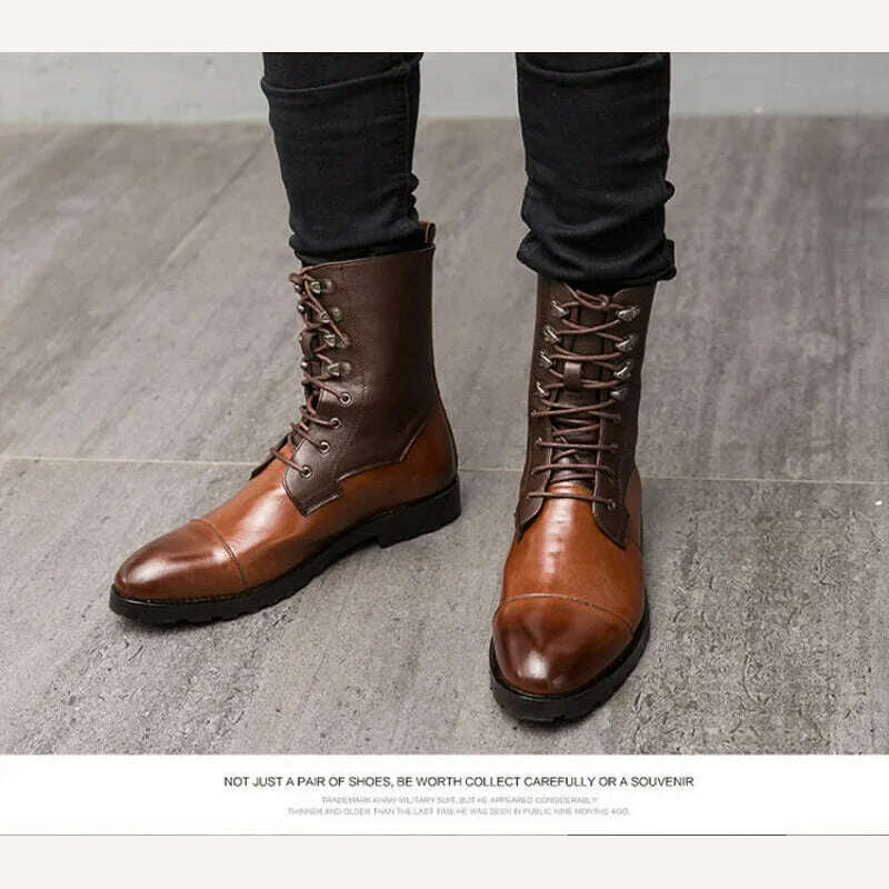 Men Short Boots Brown PU Round Head Low Heel Wing Tip Lace Up Fashion Versatile Casual Street Outdoor Daily Dress Shoes - KIMLUD