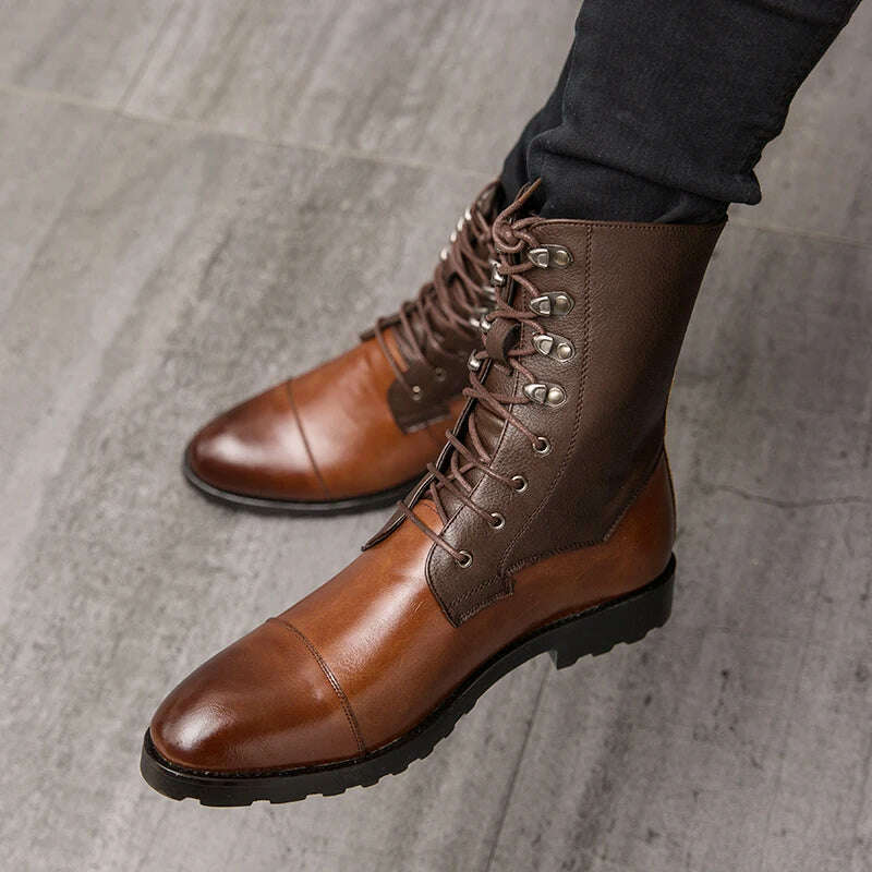 Men Short Boots Brown PU Round Head Low Heel Wing Tip Lace Up Fashion Versatile Casual Street Outdoor Daily Dress Shoes - KIMLUD